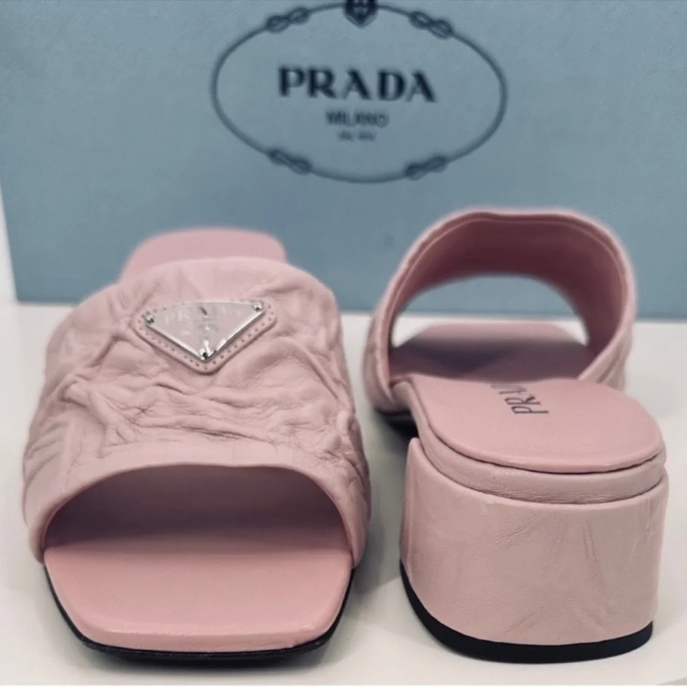 Prada Crinkled Leather Block-Heel Slip on Logo Mules Sandals size 8 Pale Pink